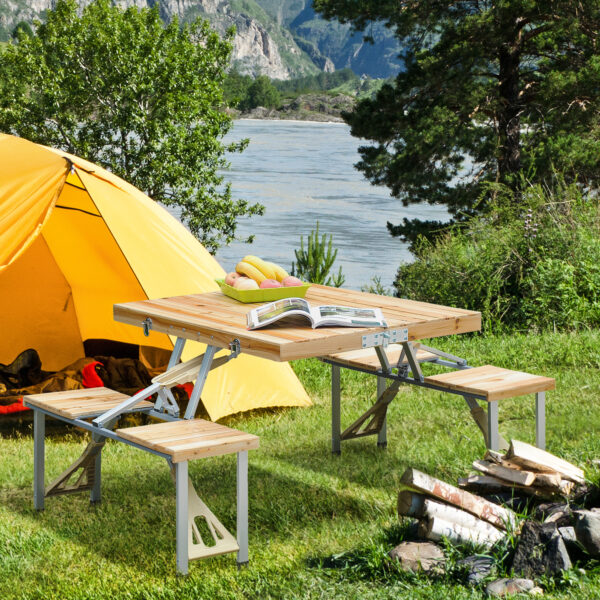 Tavolo da Campeggio Pieghevole a Valigetta con Sedie in Legno, Tavolo da Picnic Telaio in Alluminio per Esterno