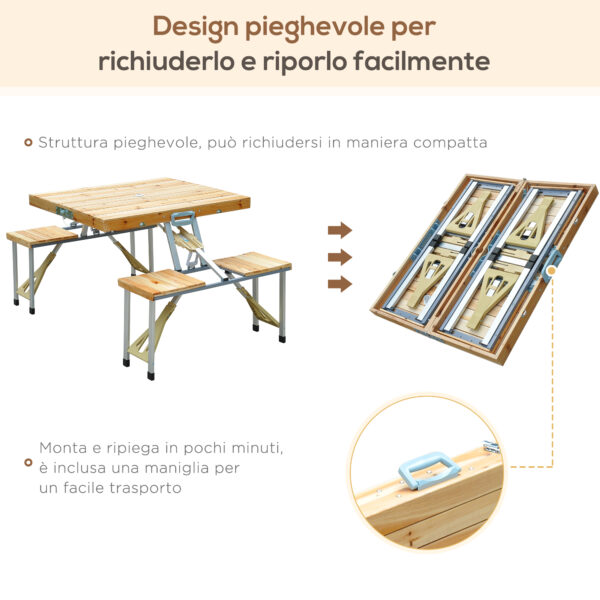 Tavolo da Campeggio Pieghevole a Valigetta con Sedie in Legno, Tavolo da Picnic Telaio in Alluminio per Esterno