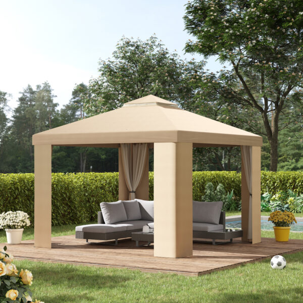 Gazebo da Giardino 3x3m in Metallo con Zanzariera e Tetto a 2 Livelli in Poliestere color Beige e Cachi