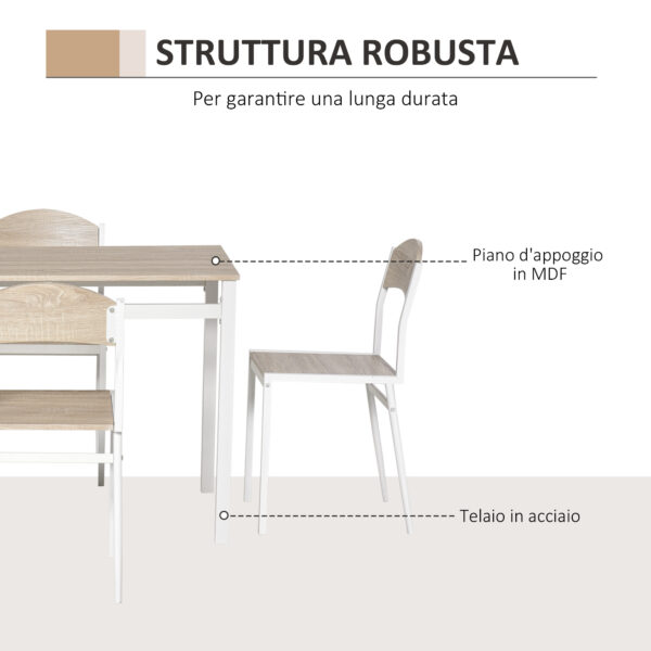 Set da Pranzo Tavolo e 4 Sedie in Metallo e MDF - Bianco e Legno