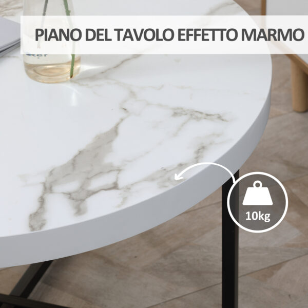 Tavolino da Caffè Rotondo con Piano Effetto Marmo in MDF e Gambe in Metallo, Φ80x45 cm, Bianco