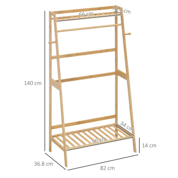 Appendiabiti da Terra in Bambù: 2 Ganci Laterali, 2 Ripiani Inferiori Aperti, 82x36.8x140 cm, Legno