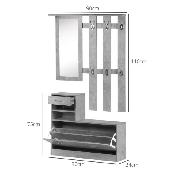 Mobile Guardaroba per Ingresso con Specchio Appendiabiti e Scarpiera Regolabile - Grigio Cemento, 90x22x116 cm