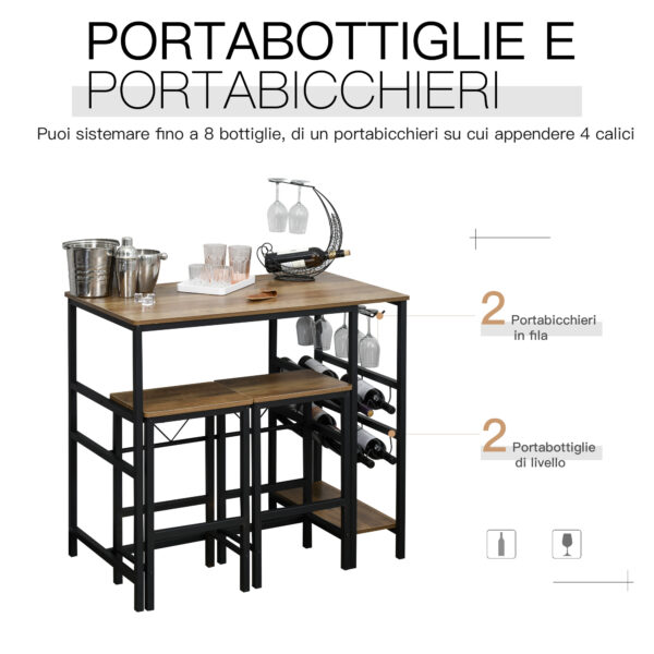 Set Tavolo con 2 Sgabelli Alti da Bar Portabottiglie e Portabicchieri in Stile Industriale