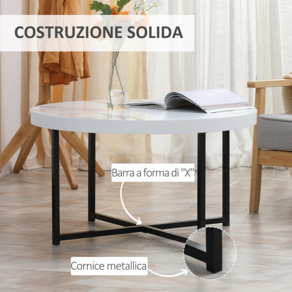 Tavolino da Caffè Rotondo con Piano Effetto Marmo in MDF e Gambe in Metallo, Φ80x45 cm, Bianco