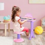 Set Pianola per Bambini con Sgabello e Microfono, 4 Suoni di Strumenti e Registrazione, MP3 e Karaoke, Rosa