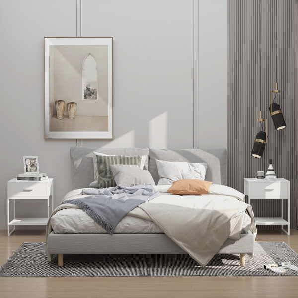 Comodino Moderno Set 2 Pezzi con Cassetto e Ripiano Aperto, in MDF e Acciaio, 45x40x60cm, Bianco