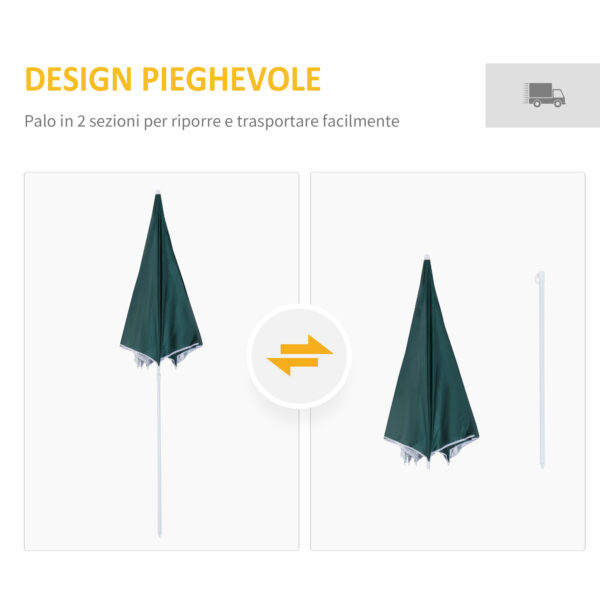 Ombrellone da Spiaggia e da Giardino Φ220cm con Tenda Parasole, Poliestere e Metallo, Verde Scuro e Bianco