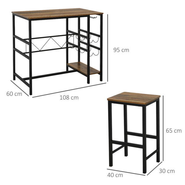 Set Tavolo con 2 Sgabelli Alti da Bar Portabottiglie e Portabicchieri in Stile Industriale