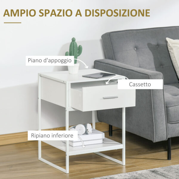 Comodino Moderno Set 2 Pezzi con Cassetto e Ripiano Aperto, in MDF e Acciaio, 45x40x60cm, Bianco