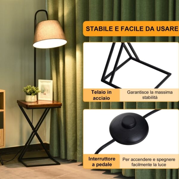 Lampada da Terra con Ricarica Wireless, Ripiano in Acciaio e Legno - Design Moderno e Funzionale