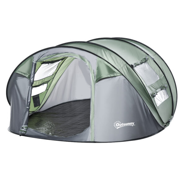 Tenda da Campeggio Pop Up 4-5 Posti 2 Porte e 4 Finestre Telo Impermeabile, Verde Scuro