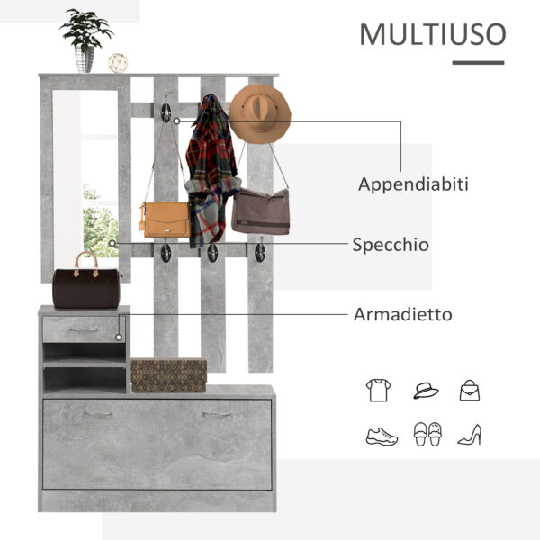 Mobile Guardaroba per Ingresso con Specchio Appendiabiti e Scarpiera Regolabile - Grigio Cemento, 90x22x116 cm