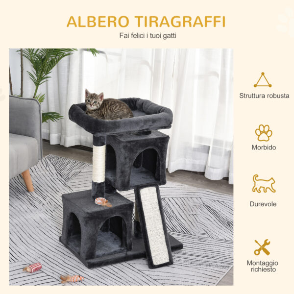 Albero Tiragraffi per Gatti: Pali in Sisal, Lettino, 2 Casette, 59x39x83cm, Nero