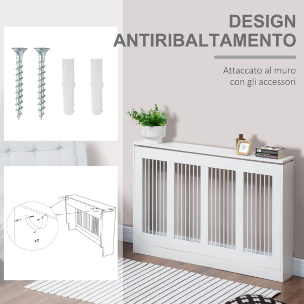 Copritermosifone a Doghe Moderno ed Elegante per la Casa, in MDF e Acciaio, 120x18x84cm, Bianco