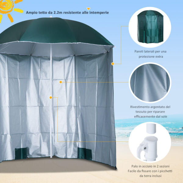 Ombrellone da Spiaggia e da Giardino Φ220cm con Tenda Parasole, Poliestere e Metallo, Verde Scuro e Bianco