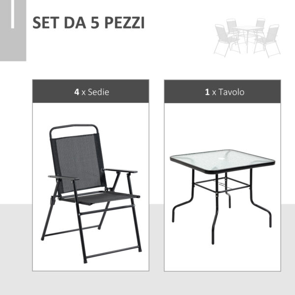 Set da Giardino 5 Pezzi: 4 Sedie Pieghevoli, Tavolo in Metallo e Vetro Temperato, Nero