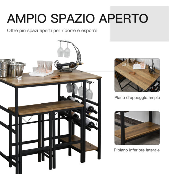 Set Tavolo con 2 Sgabelli Alti da Bar Portabottiglie e Portabicchieri in Stile Industriale