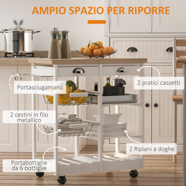 Carrello da Cucina con Cassetti e Portabottiglie, color Legno e Bianco