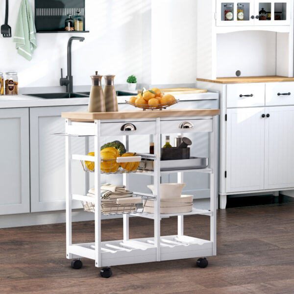 Carrello da Cucina con Cassetti e Portabottiglie, color Legno e Bianco