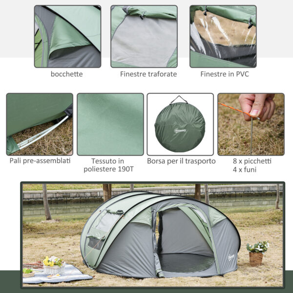 Tenda da Campeggio Pop Up 4-5 Posti 2 Porte e 4 Finestre Telo Impermeabile, Verde Scuro