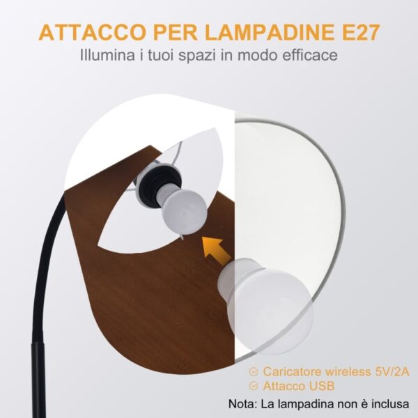 Lampada da Terra con Ricarica Wireless, Ripiano in Acciaio e Legno - Design Moderno e Funzionale