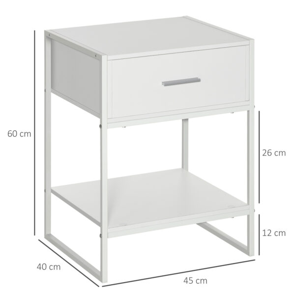 Comodino Moderno Set 2 Pezzi con Cassetto e Ripiano Aperto, in MDF e Acciaio, 45x40x60cm, Bianco