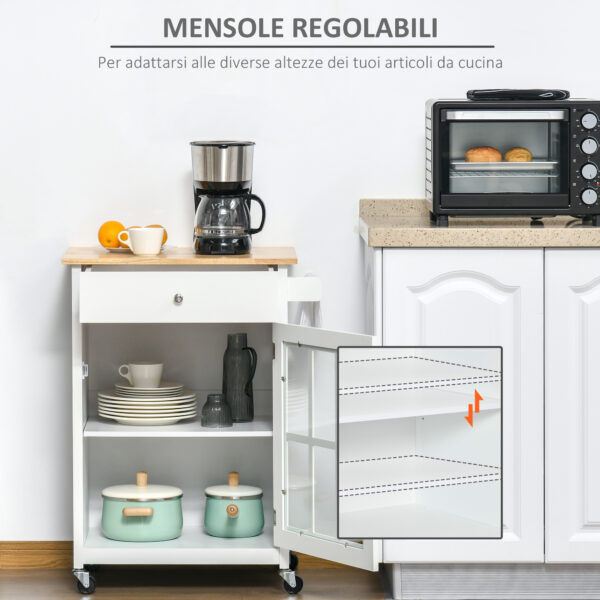 Carrello Cucina Salvaspazio Multiuso con Cassetto, Armadietto e 4 Ruote, in Legno Bianco, 67x48x86.5cm - Bianco