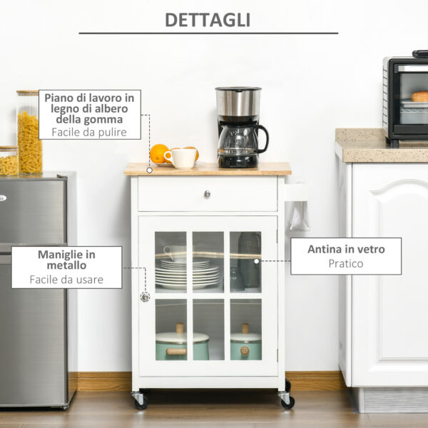 Carrello Cucina Salvaspazio Multiuso con Cassetto, Armadietto e 4 Ruote, in Legno Bianco, 67x48x86.5cm - Bianco