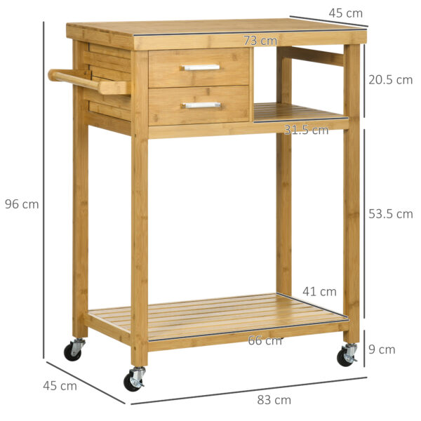 Carrello da Cucina in Bambù con Portasciugamani, 2 Cassetti e 2 Ripiani Aperti, 83x45x96 cm