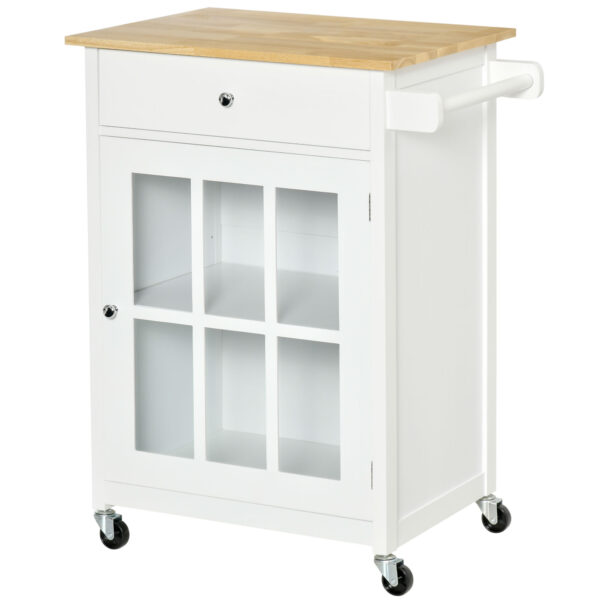 Carrello Cucina Salvaspazio Multiuso con Cassetto, Armadietto e 4 Ruote, in Legno Bianco, 67x48x86.5cm - Bianco