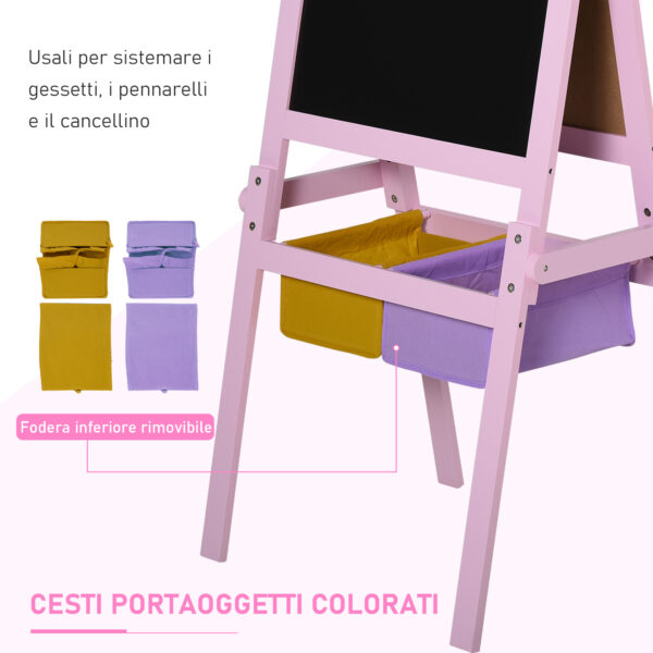 Lavagnetta con Cavalletto per Bambini 3 in 1 e con Rullo Fogli di Carta in Legno Rosa