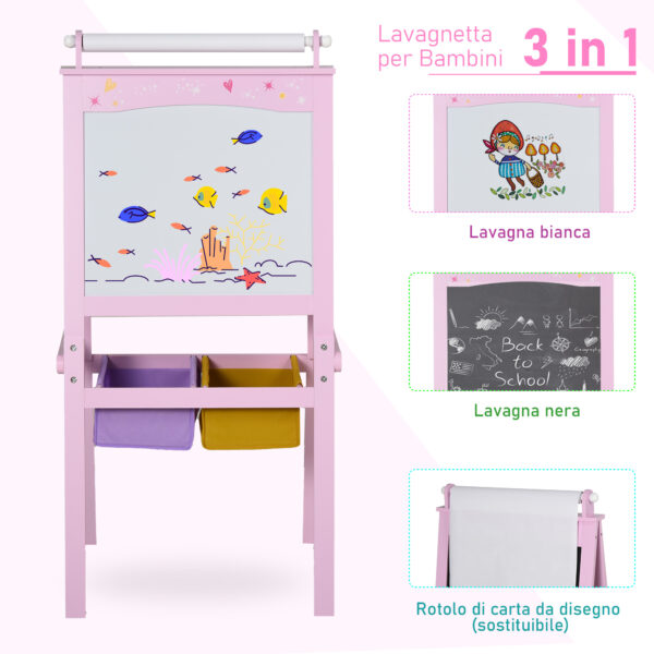 Lavagnetta con Cavalletto per Bambini 3 in 1 e con Rullo Fogli di Carta in Legno Rosa