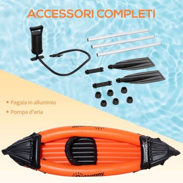 Canoa Gonfiabile 1 Posto, Kayak con Remo in Alluminio, Pompa Gonfiaggio e Kit Riparazione, Arancione