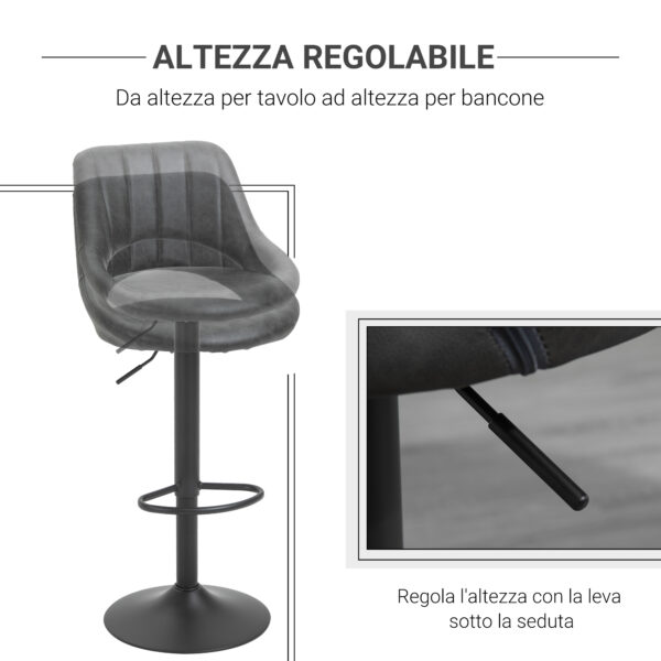 Set 2 Sgabelli da Bar con Altezza Regolabile e Poggiapiedi, in Similpelle e Metallo Grigio