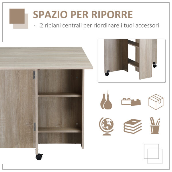 Tavolo Pieghevole Rettangolare per 4-6 persone con 2 Ruote, in Truciolato, 140x80x7cm, Color Legno Naturale