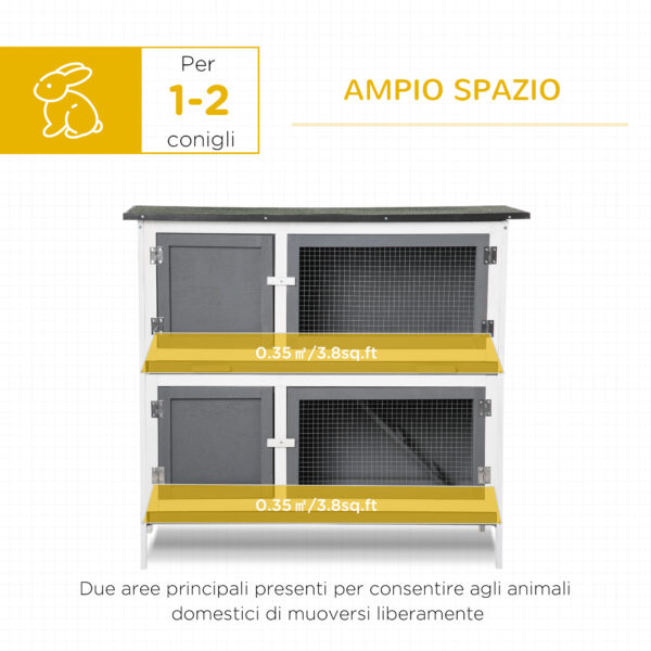 Conigliera a 2 Piani in Legno di Abete con Tetto in Bitume per uso Interno ed Esterno, 100x47x91 cm, Grigia