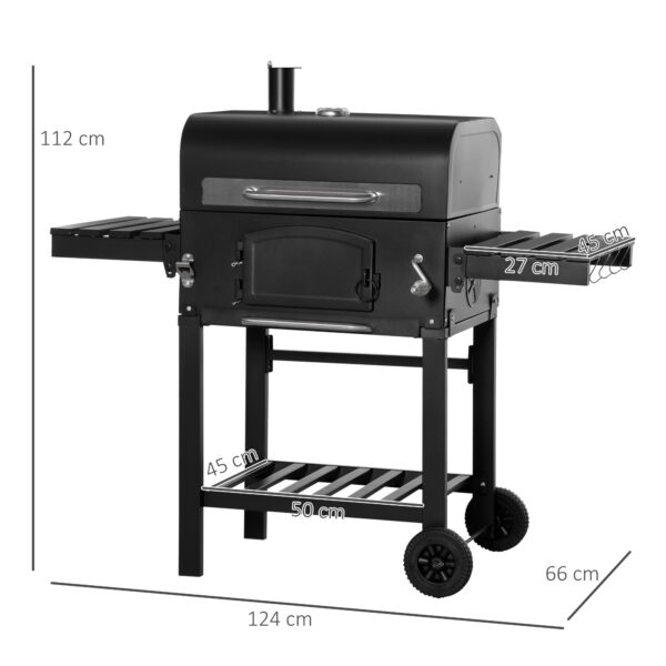 Barbecue a Carbone 3 in 1 con Ripiani Laterali e Inferiore, 124x66x112cm, Nera