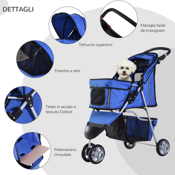 Passeggino per Cani, Carrello per Animali Domestici, Blu, 75 x 45 x 97cm