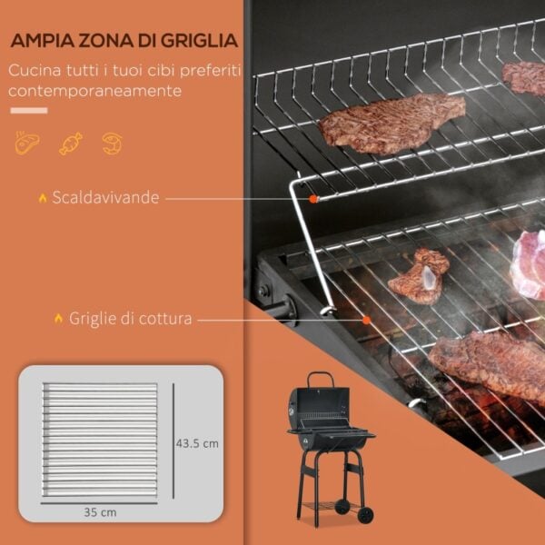 Barbecue a Carbone con Coperchio, Termometro, Mensole e Ruote, 68x63x102cm, Nero