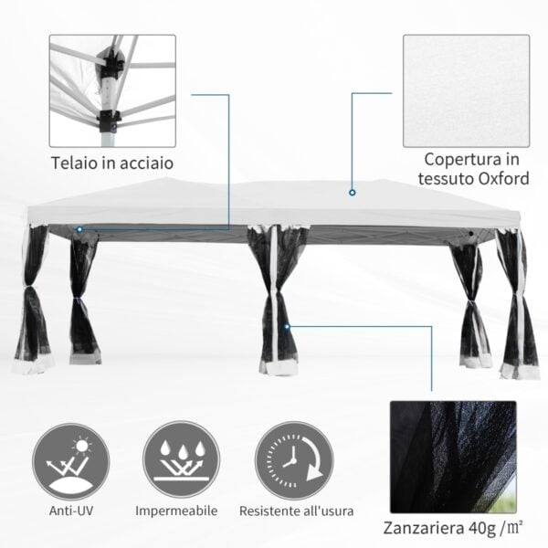 Gazebo Pieghevole con Zanzariera, Bianco, 3x6m