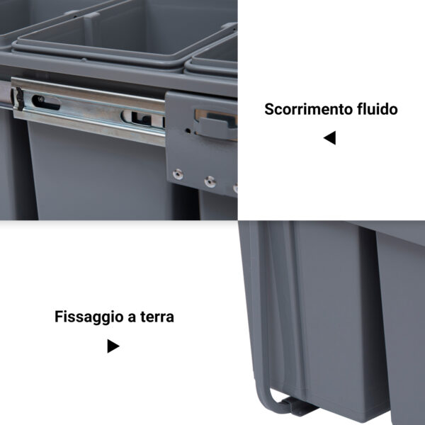 Pattumiera Estraibile con 3 Contenitori per Raccolta Differenziata, Capacità Totale 40L, 48x34.2x41.8cm Grigio