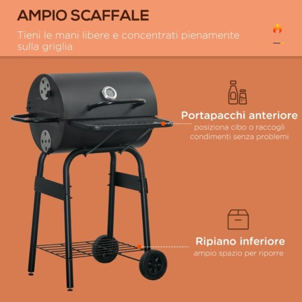 Barbecue a Carbone con Coperchio, Termometro, Mensole e Ruote, 68x63x102cm, Nero