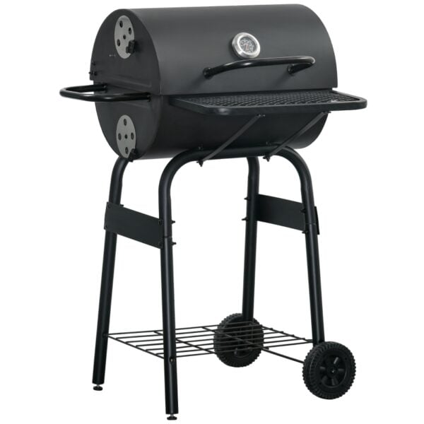 Barbecue a Carbone con Coperchio, Termometro, Mensole e Ruote, 68x63x102cm, Nero