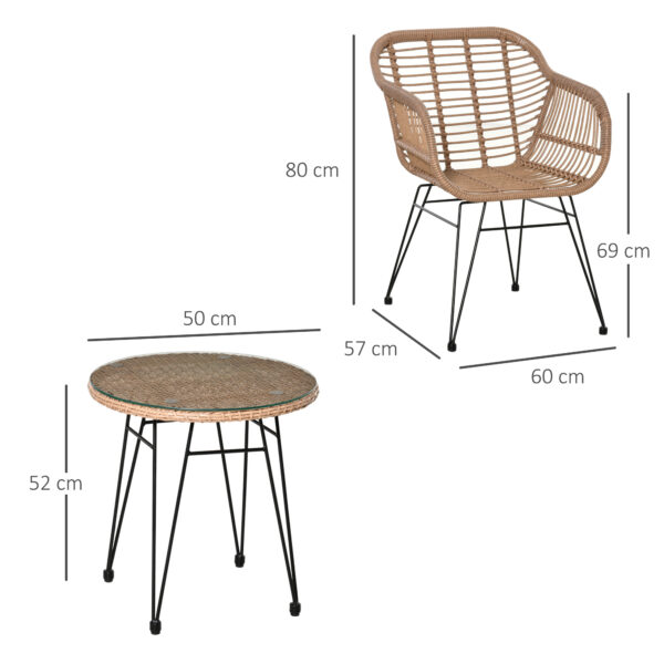 Set Mobili da Giardino in Rattan PE, 2 Sedie con Cuscini e Tavolino con Ripiano in Vetro, Grigio