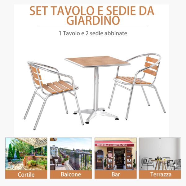 Set Tavolo e 2 Sedie da Esterno in Alluminio con Finitura Effetto Legno