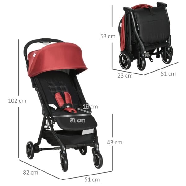 Passeggino per Bambini 0-36 Mesi con Tettuccio, Design Pieghevole e Cesto Portaoggetti, Leggero, Rosso e Nero