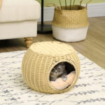 Casetta per Gatti a 2 Livelli in Rattan PE con Cuscino Lavabile, Ø40x30 cm, Beige