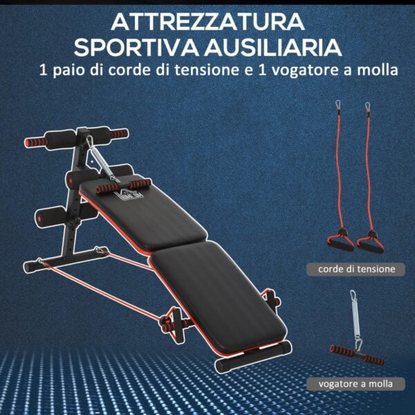 Panca per Addominali Pieghevole e Regolabile per Allenarsi a Casa, 2 Corde Elastiche, in Acciaio e Imbottitura Nera e Rossa