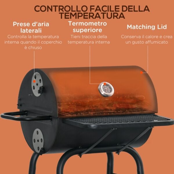 Barbecue a Carbone con Coperchio, Termometro, Mensole e Ruote, 68x63x102cm, Nero